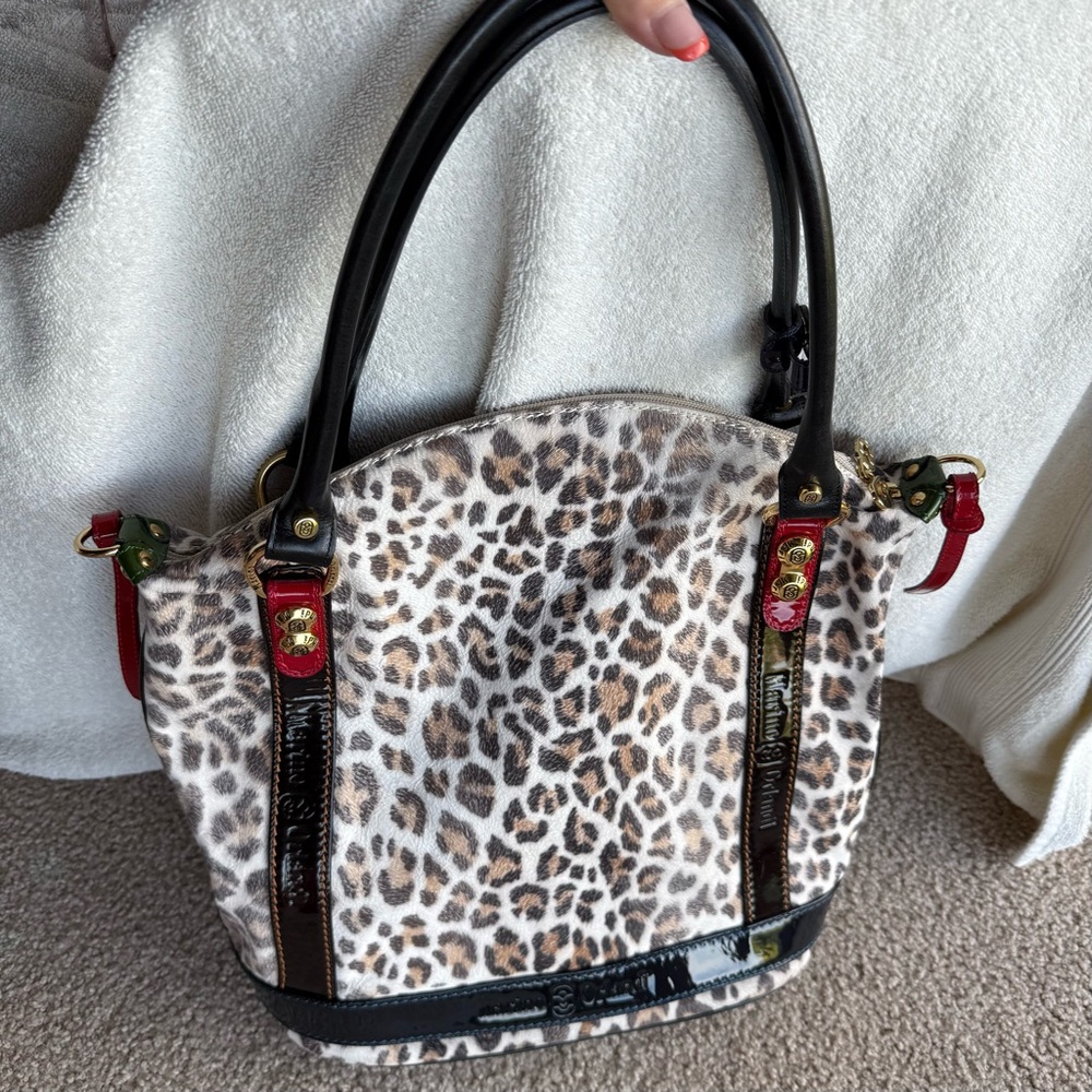 **EXT. RARE* Marino Orlandi White Snow Leopard Bag Gold Hrdwre Pat. Leather Trim